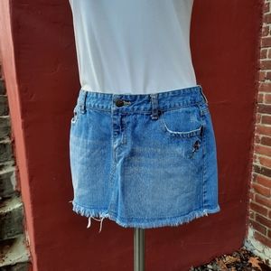 Vintage Y2K 2000's Low Rise Denim Mini Skirt Micro Embroidered Fray Hem